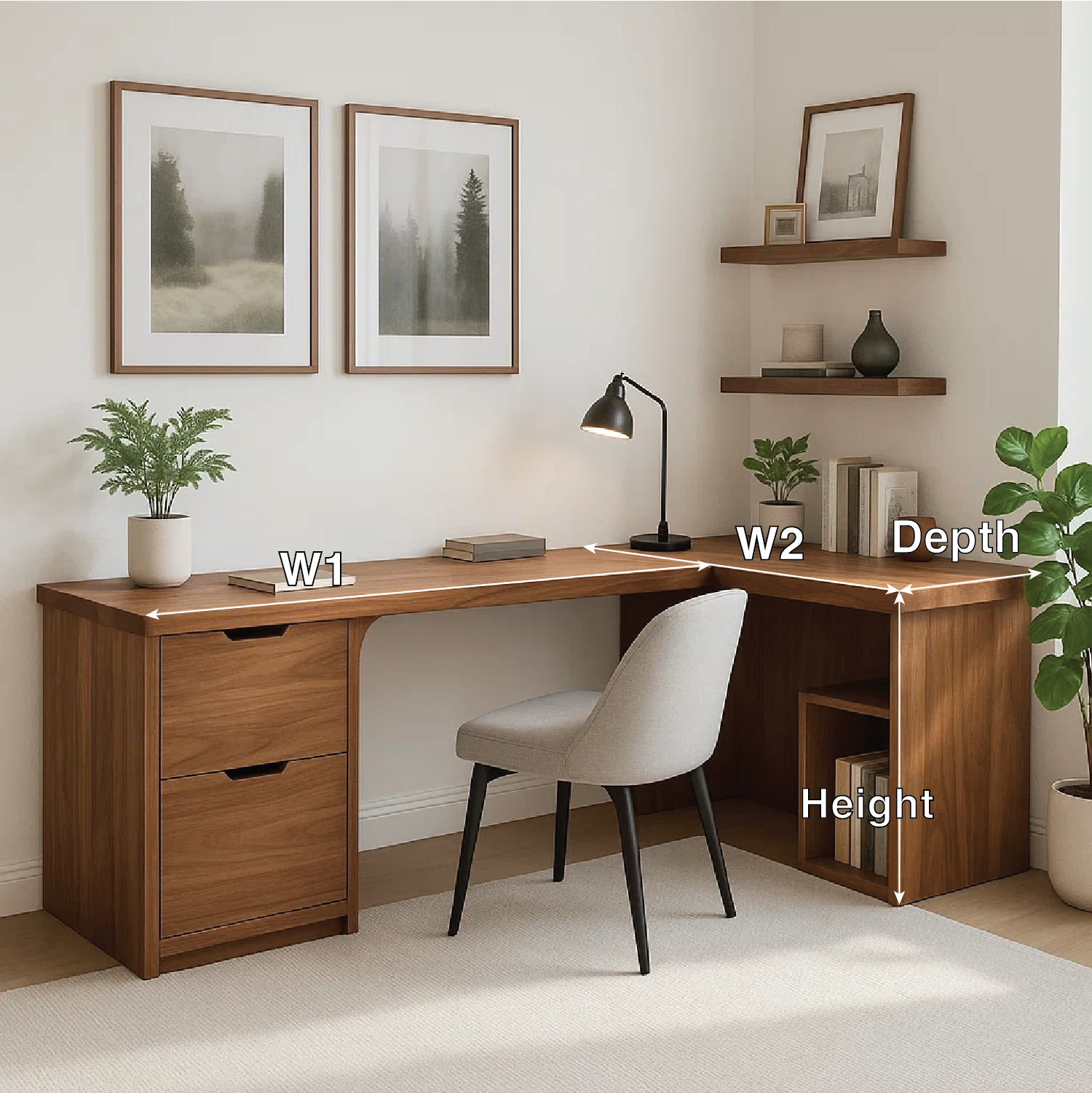 Modern L-Shaped Walnut Desk with Storage Drawer – Minimalist Corner Workspace
