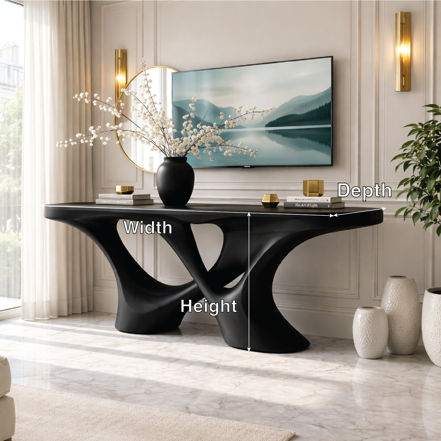 Solid Wood Console Table with Sculpted Curved Base, Artistic Modern Design