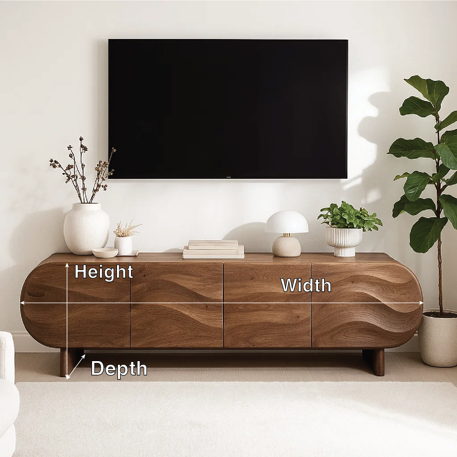 Modern Curved Wood TV Stand Long Media Console Storage Cabinet Low Profile Entertainment Center