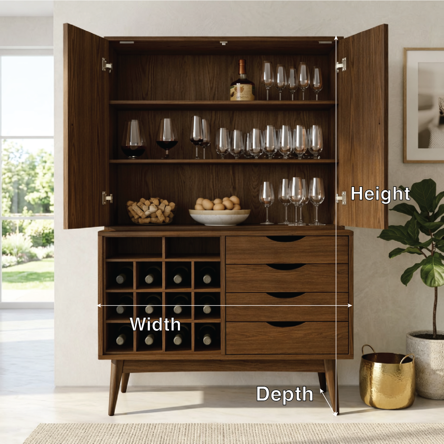 Modern Wine Bar Cabinet with Glass Storage, Bottle Rack and Drawer Organizer