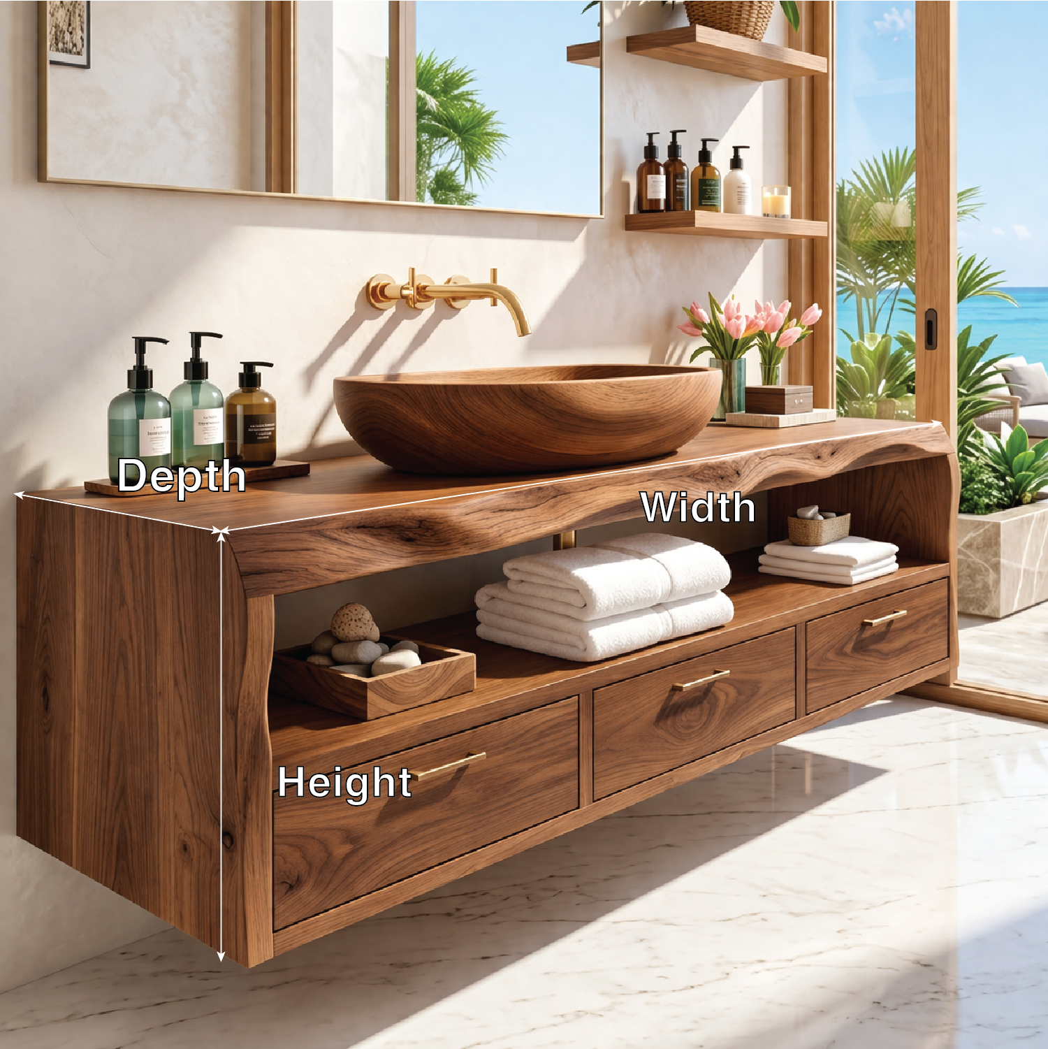 Modern Solid Wood Bathroom Vanity with Floating Drawers and Open Shelf Storage