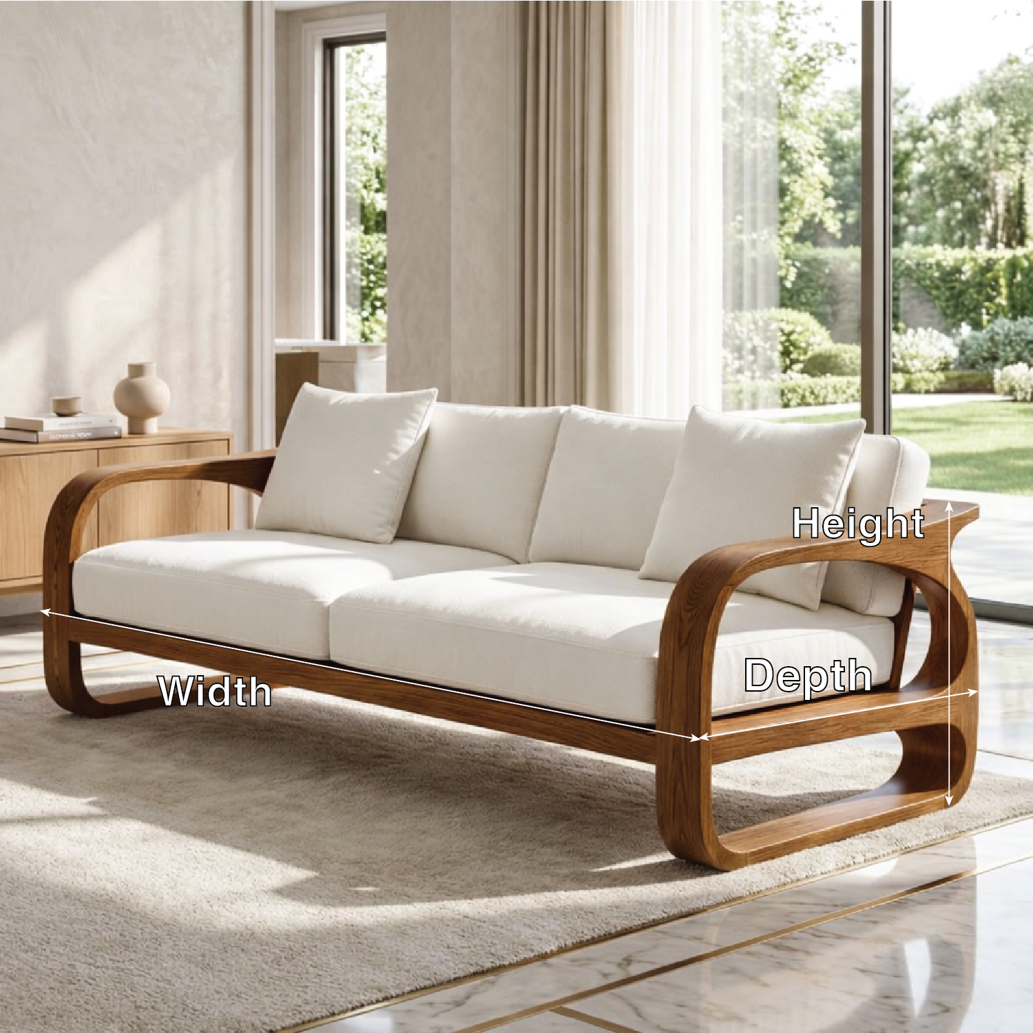 Modern Sculptural Solid Wood Sofa with White Fabric Cushions Luxury Scandi Couch
