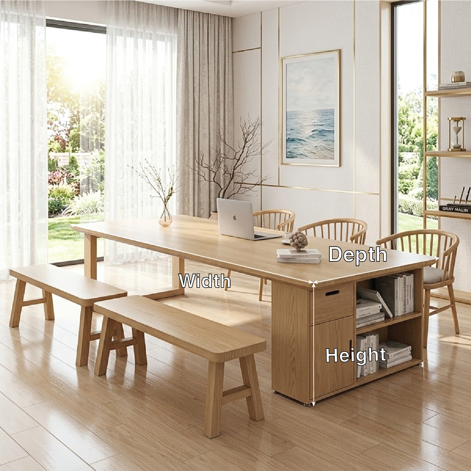 Modern Wooden Desk with Storage and Benches for Office or Home