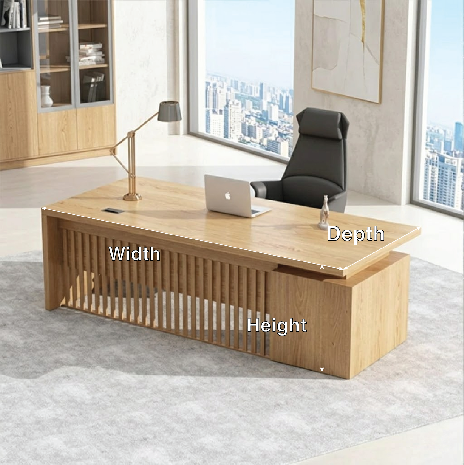 Modern Executive Desk with Slatted Panel Base, Minimalist Home Office Workstation Desk