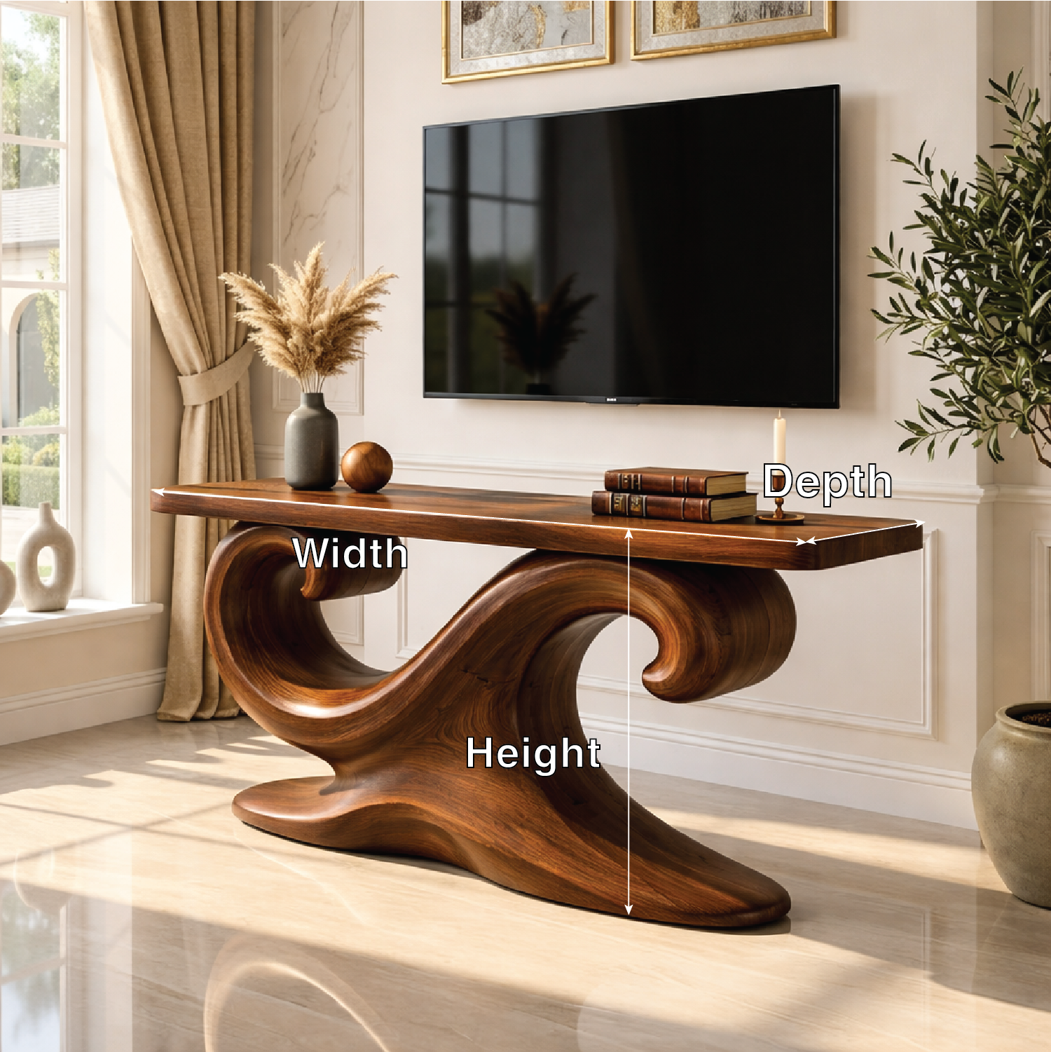 Solid Wood Console Table with Sculpted Curved Base, Artistic Modern Design