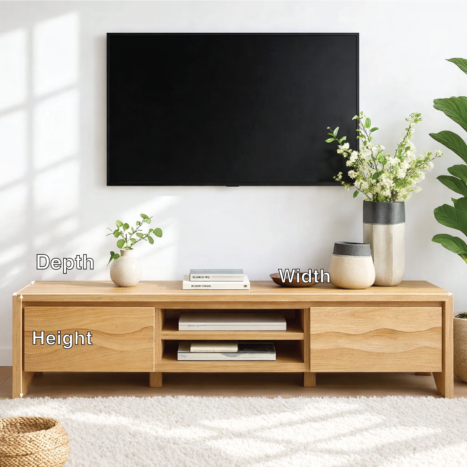 Modern Wave Front Wood TV Stand Long Media Console With Storage and Open Shelf
