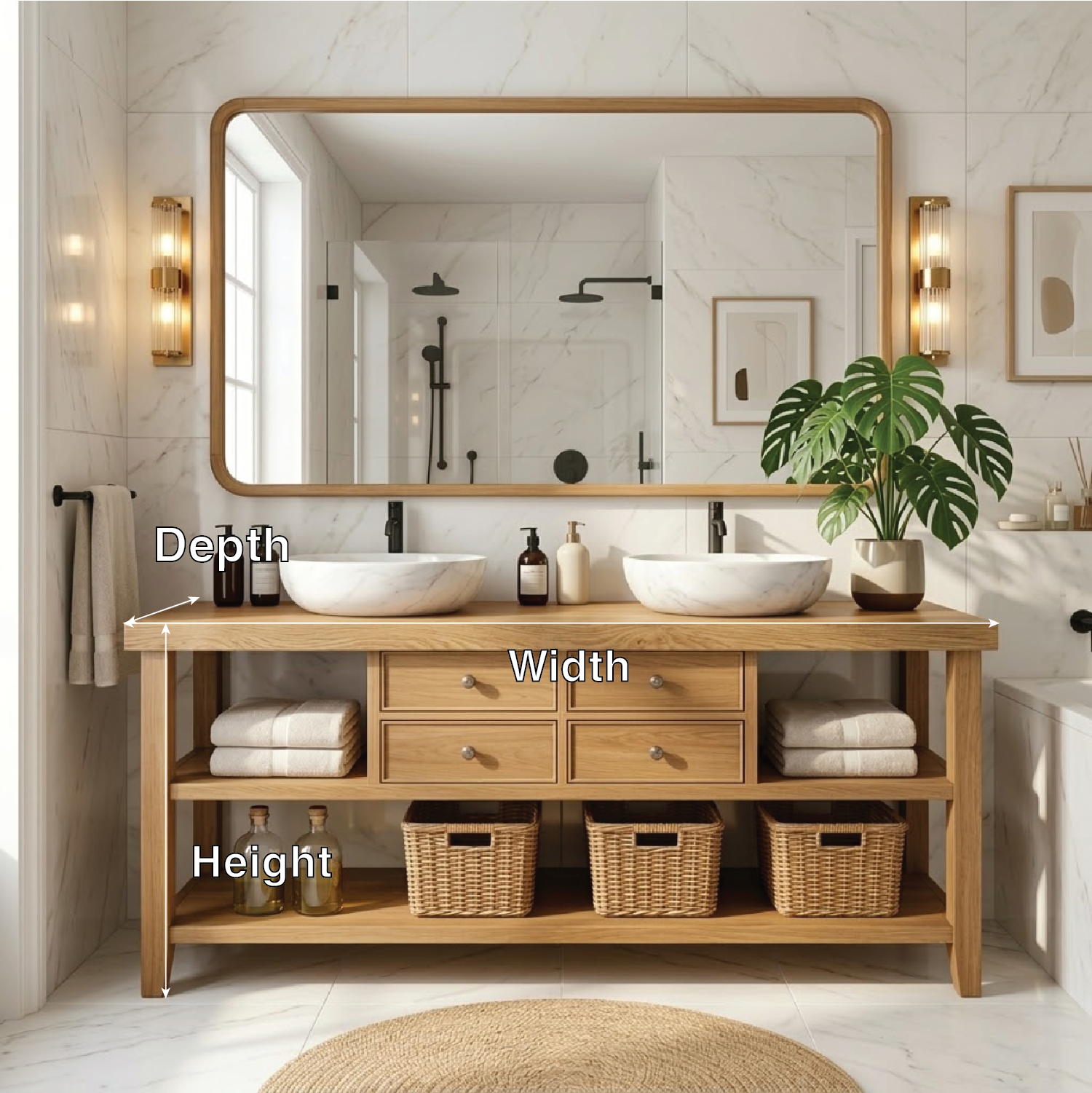 Modern Wooden Bathroom Vanity with Dual Marble Sinks and Ample Storage