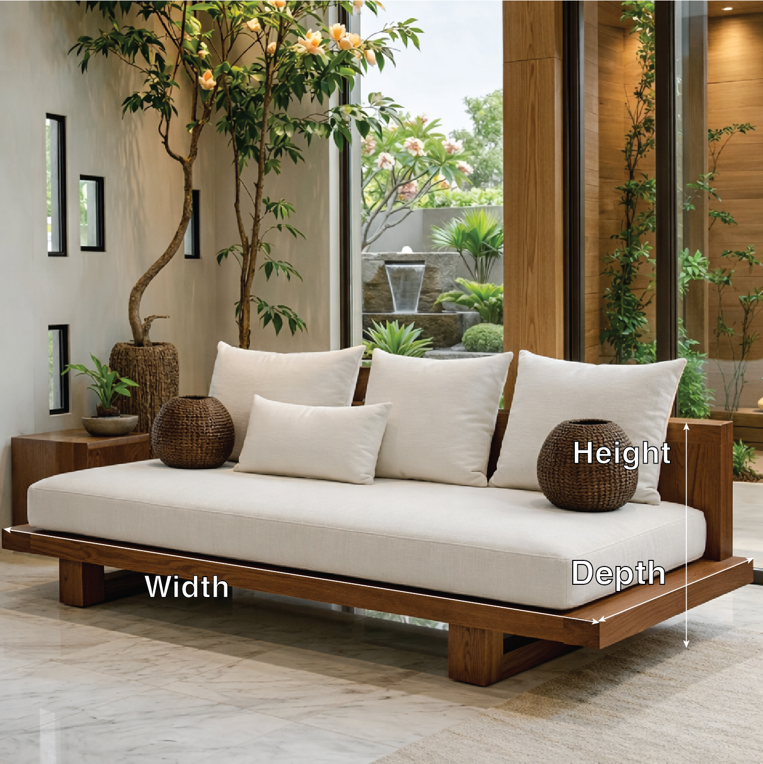 Modern Minimalist Solid Wood Daybed Sofa with White Linen Cushions Zen Style Couch