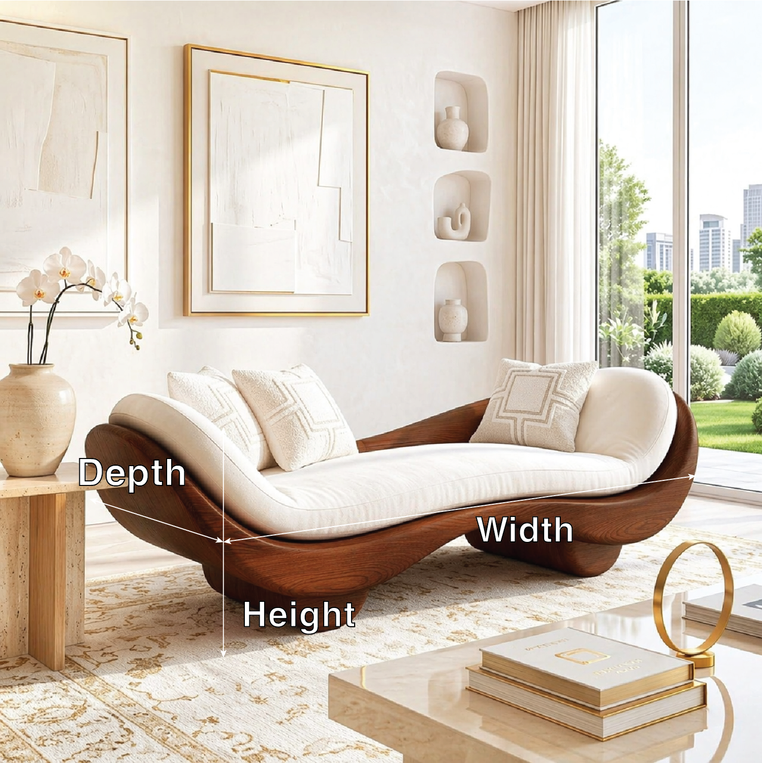 Organic Modern Wooden Chaise Lounge, Sculptural Minimalist Sofa with Cream Cushion