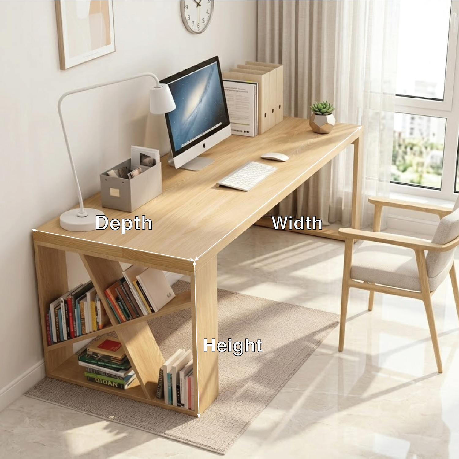 Modern Writing Desk with Bookshelf Base, Long Minimalist Home Office Workstation Table