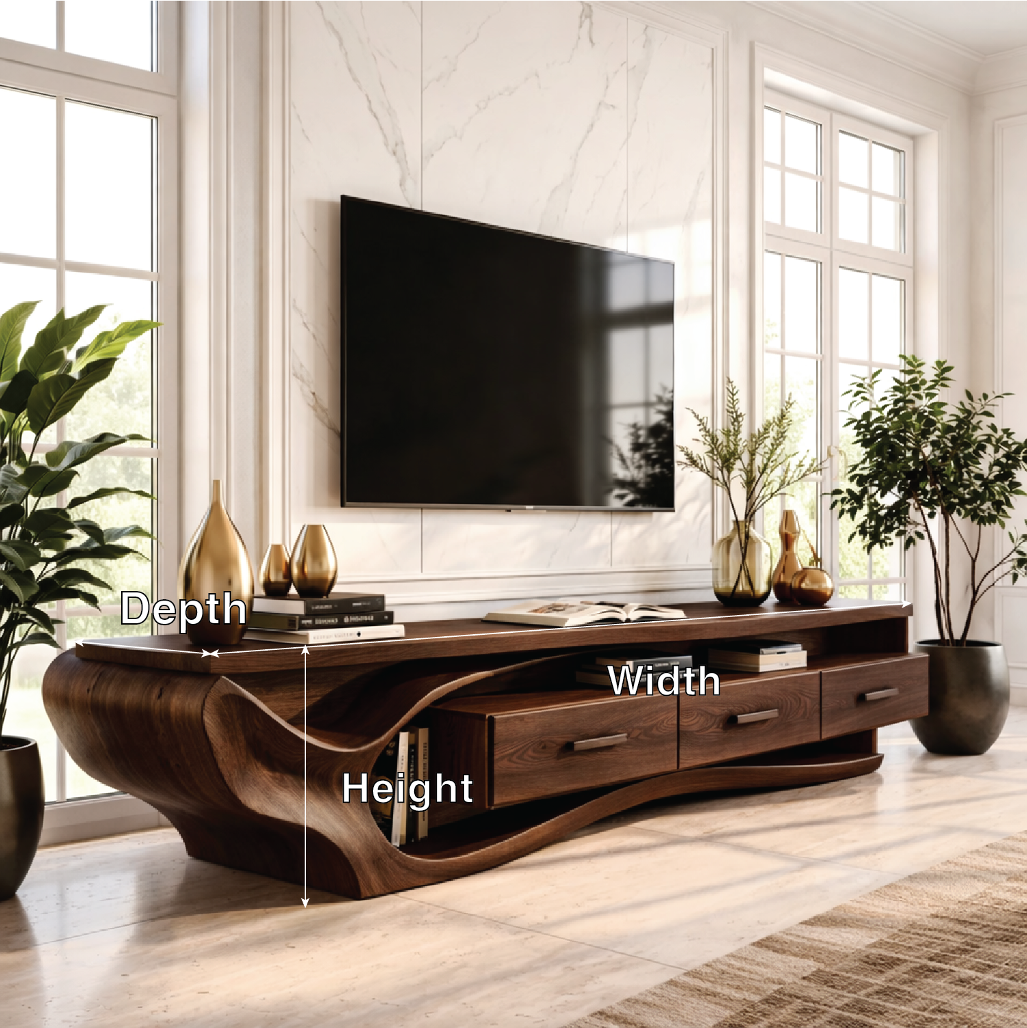 Solid Wood TV Stand with Wave Design, Modern Media Console Cabinet