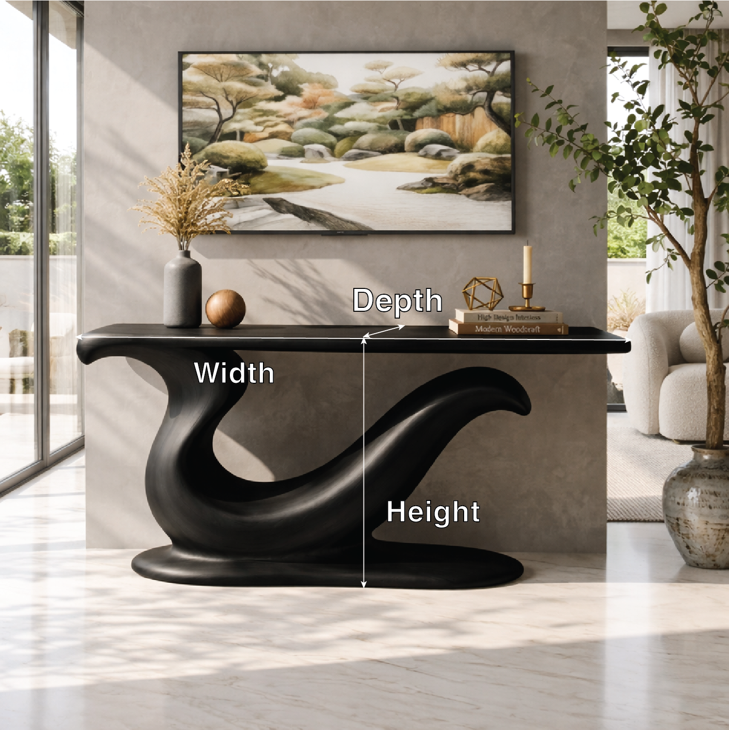 Solid Wood Console Table with Sculpted Curved Base, Modern Artistic Design