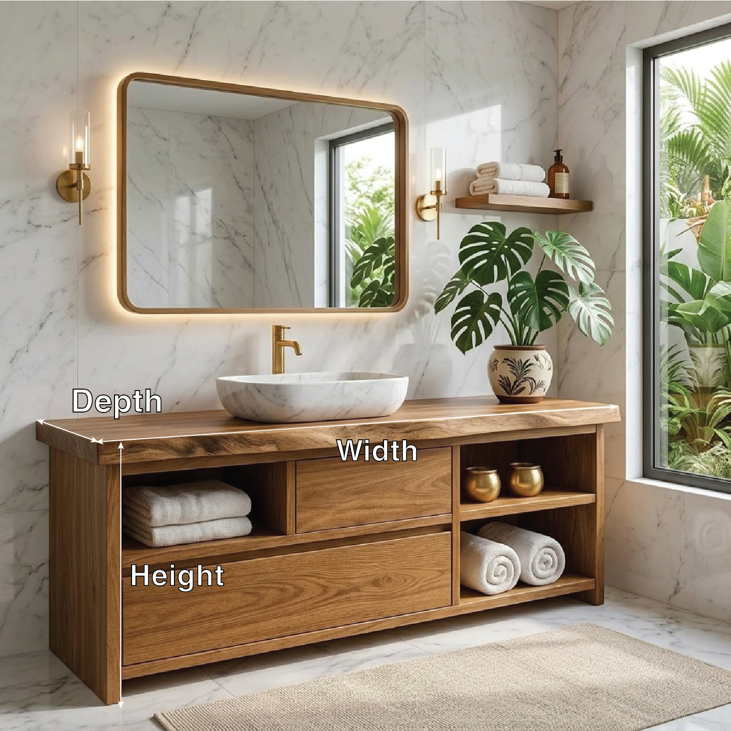 Elegant Wooden Bathroom Vanity with Marble Sink and LED Mirror