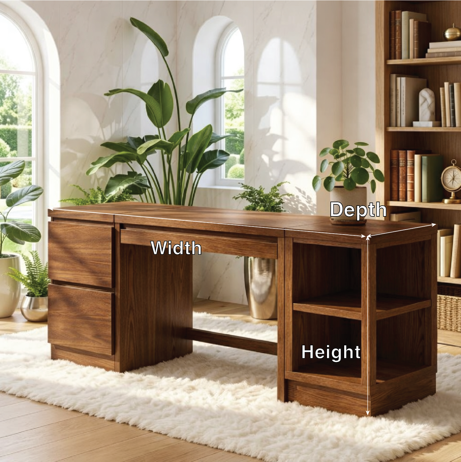 Modern Executive Desk with Storage Cabinet and Shelves Home Office Work Table Design