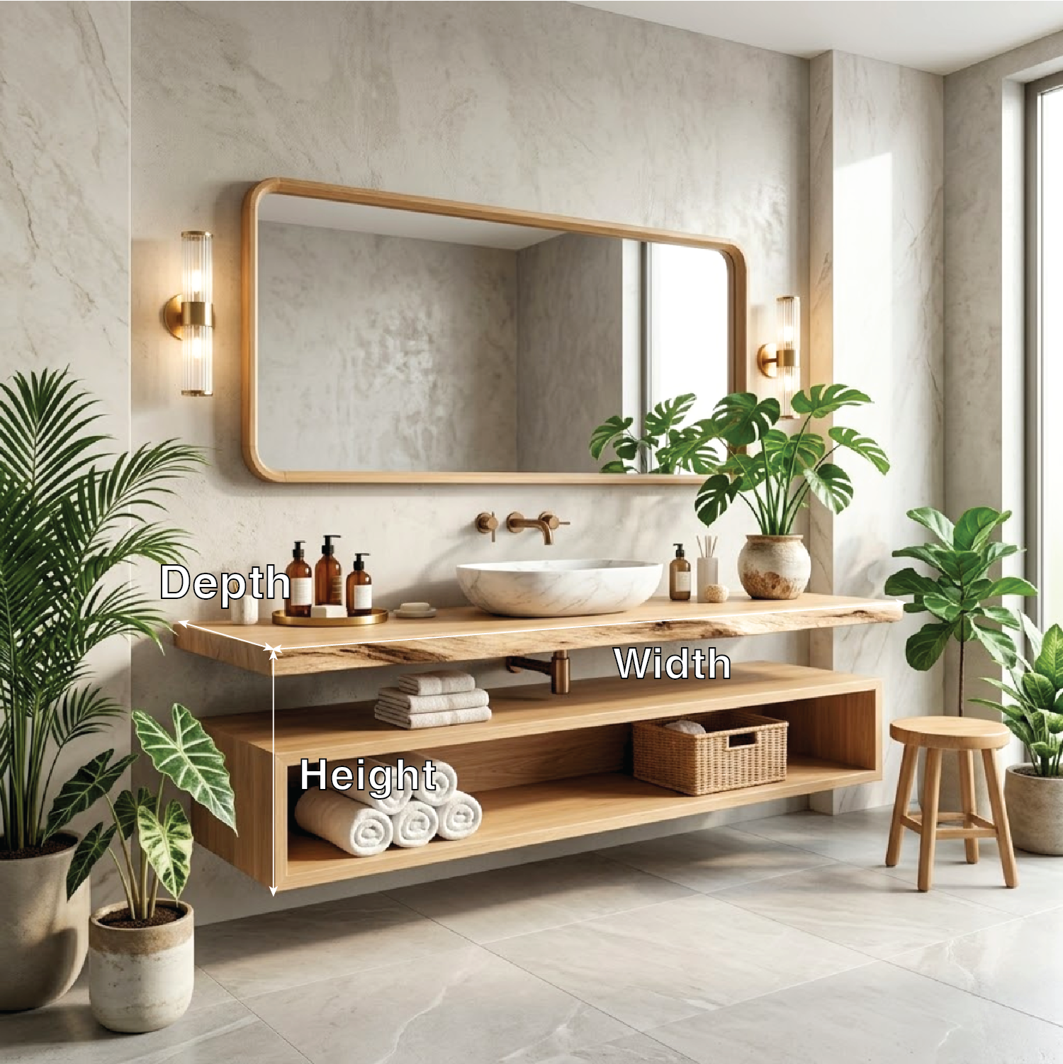 Floating Vanity with Natural Wood Finish and Open Shelf for Bathroom