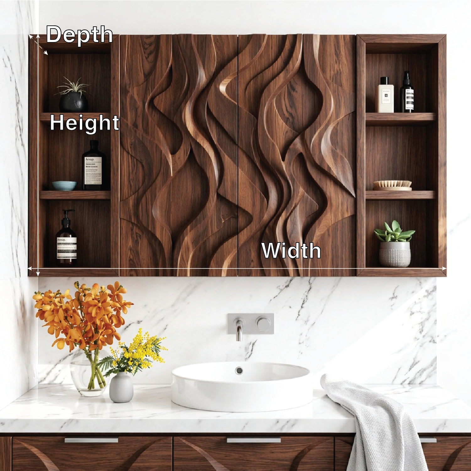 Floating Bathroom Cabinet, Carved Wall Mounted Vanity Organizer With Side Shelves
