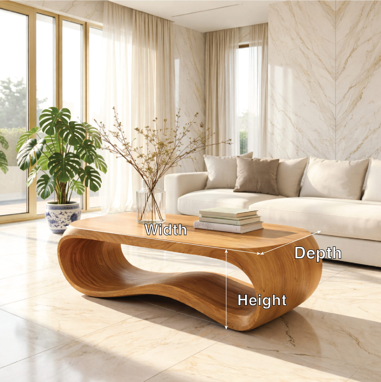 Contemporary Sculptural Wood Coffee Table with Curved Design