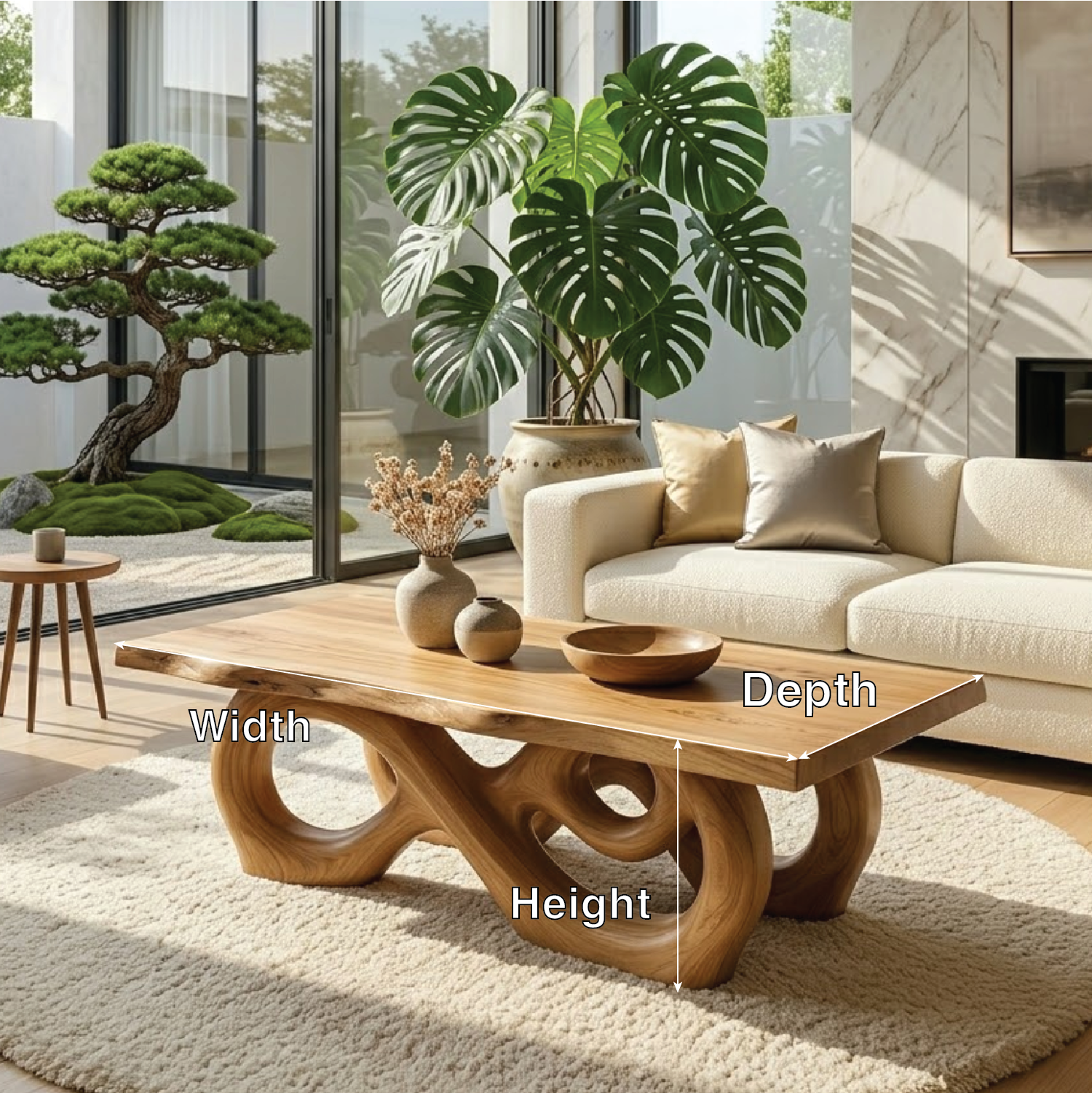 Sculptural Solid Wood Coffee Table with Artistic Carved Base, Modern Living Room Table