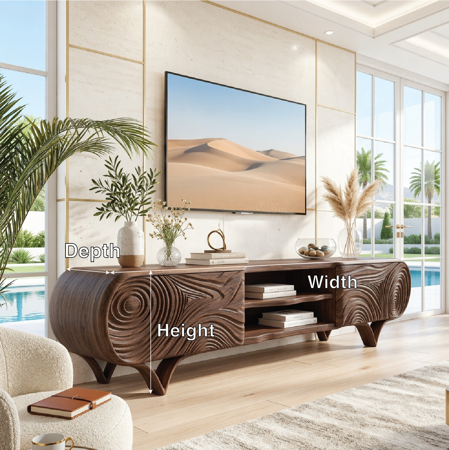 Modern Sculptural TV Console, Carved Storage Media Cabinet for Luxury Interiors