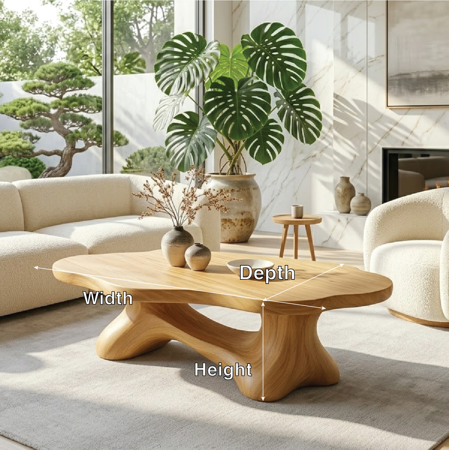 Solid Wood Sculptural Coffee Table with Organic Carved Base, Modern Designer Living Room Table