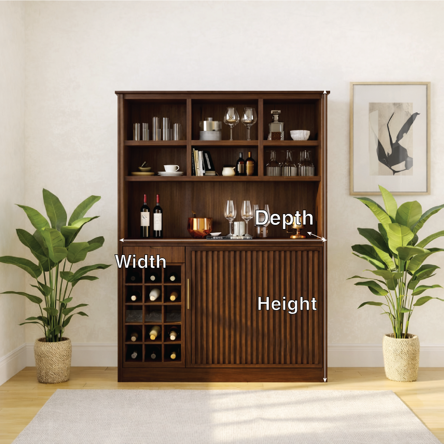 Modern Wine Cabinet with Bottle Rack, Display Shelves and Sliding Door Storage