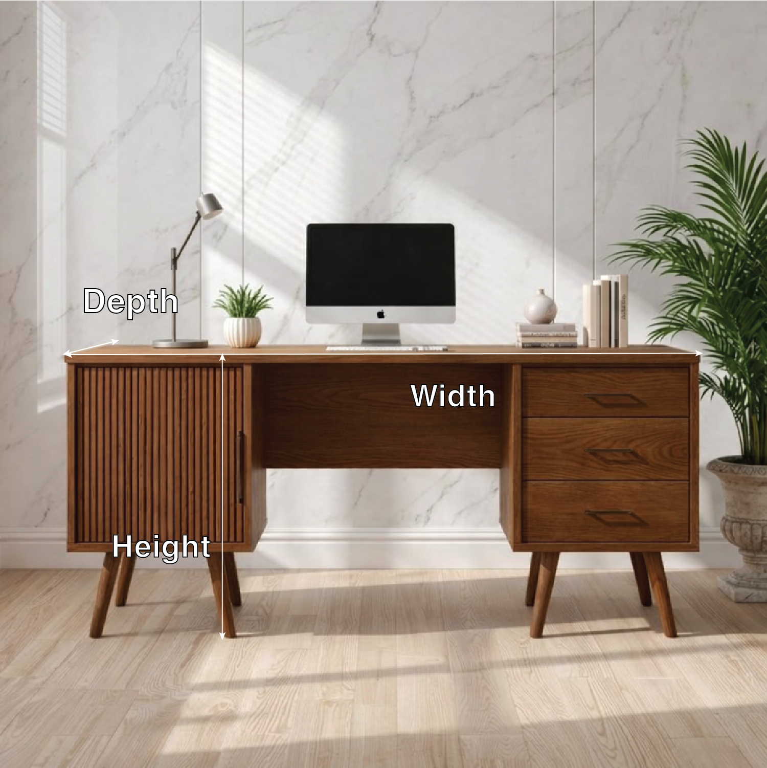 Mid Century Modern Writing Desk with Cabinet and Drawers Home Office Work Table
