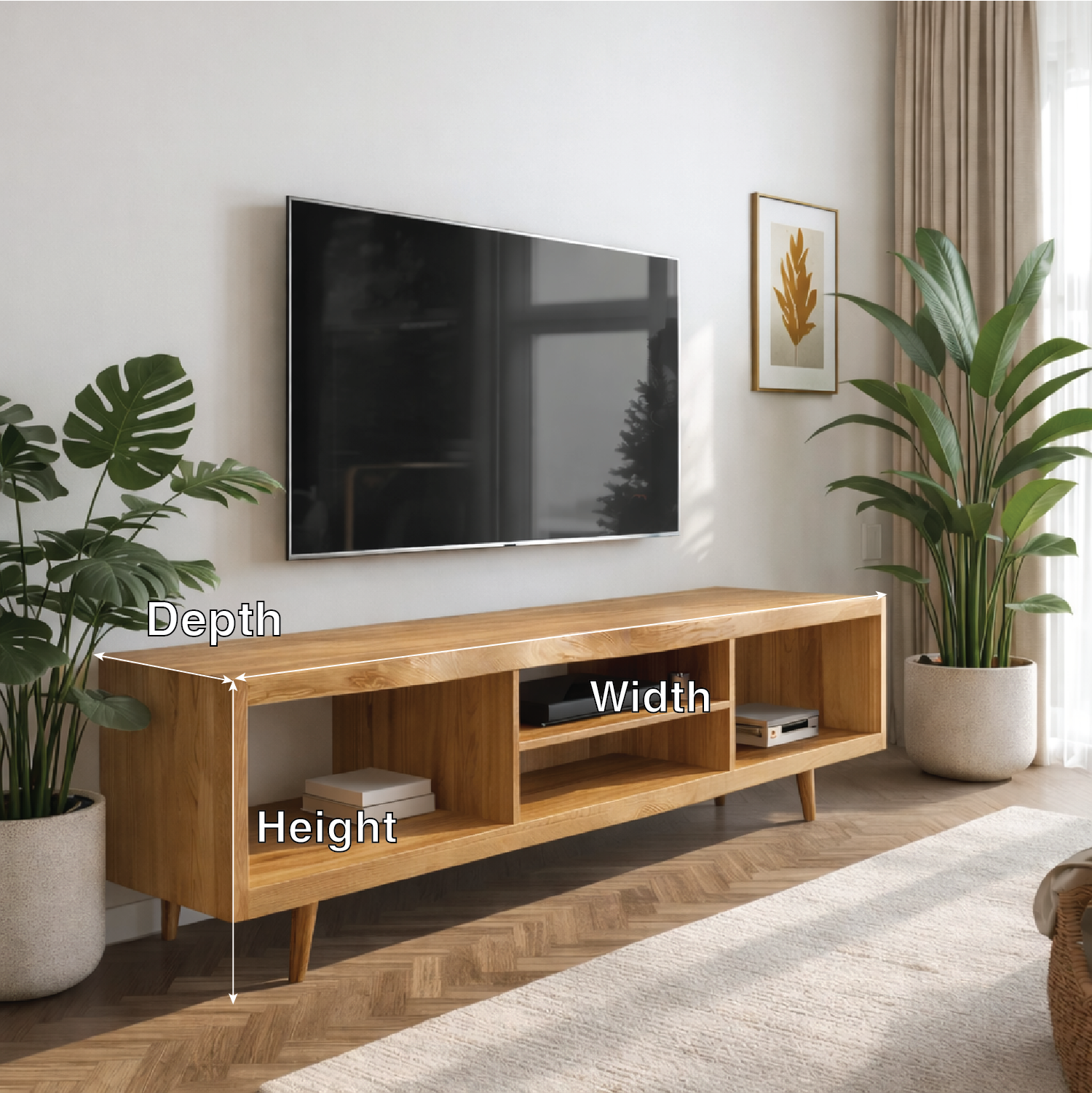 Walnut Mid Century Modern TV Stand Long Wood Media Console Minimalist Entertainment Center