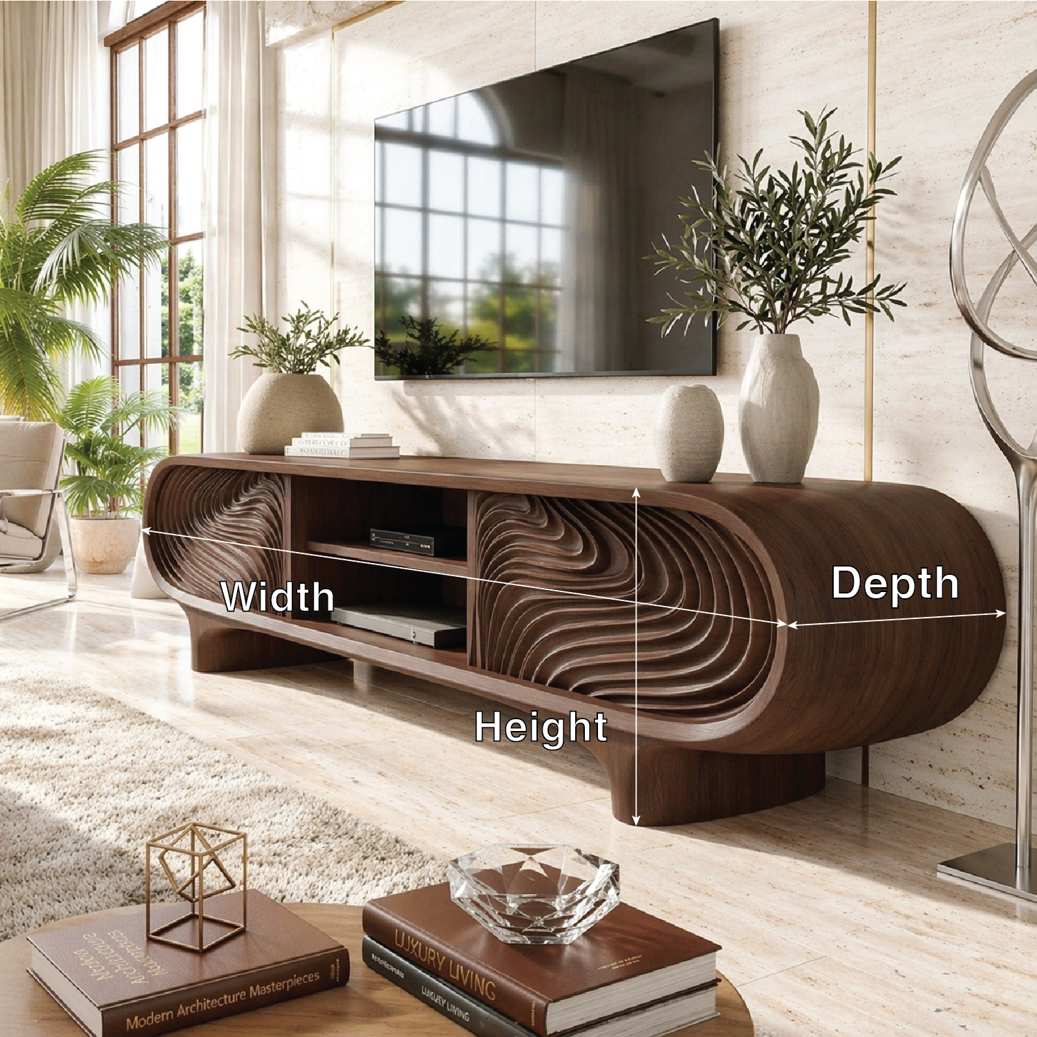 Sculptural Curved TV Console, Modern Carved Media Cabinet for Luxury Interiors