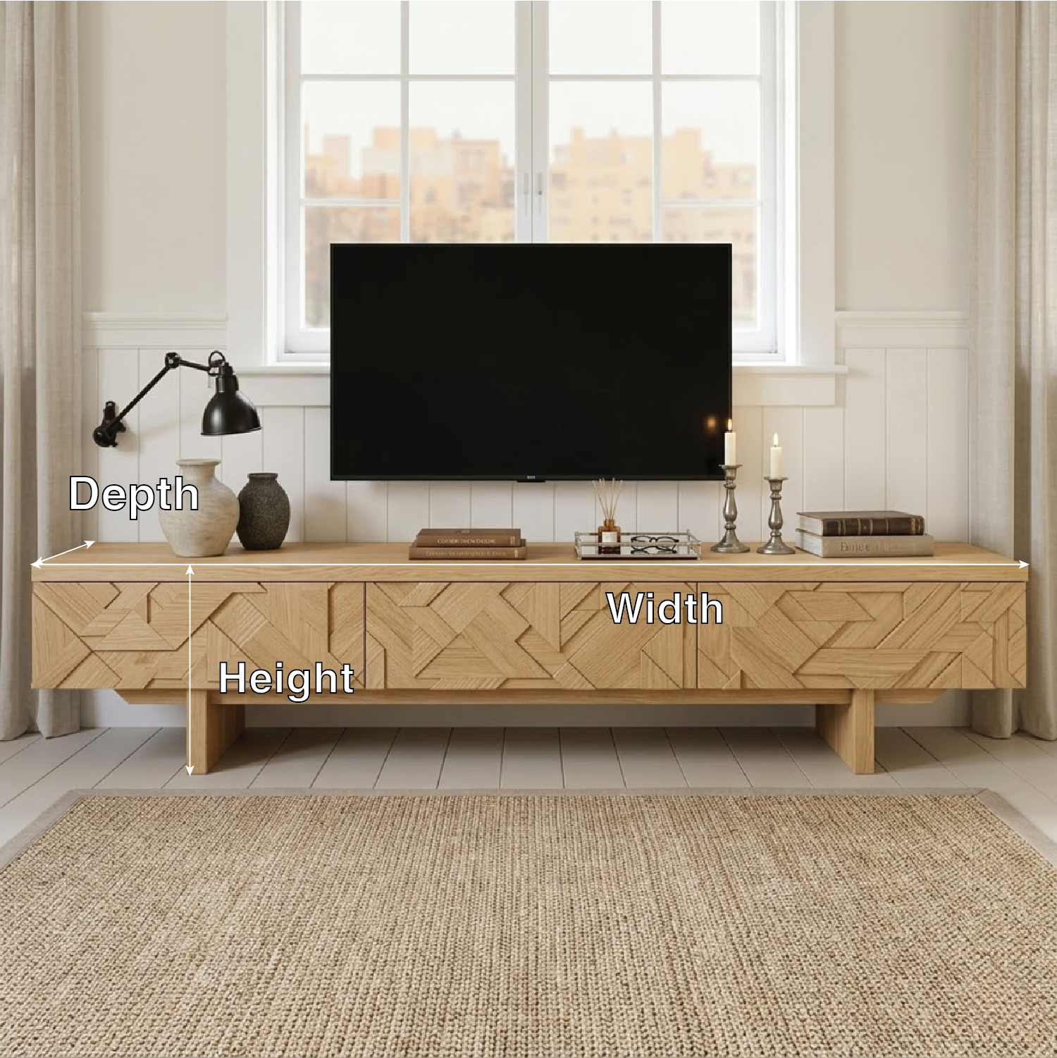 Solid Wood TV Stand with Geometric Doors, Modern Media Console Cabinet