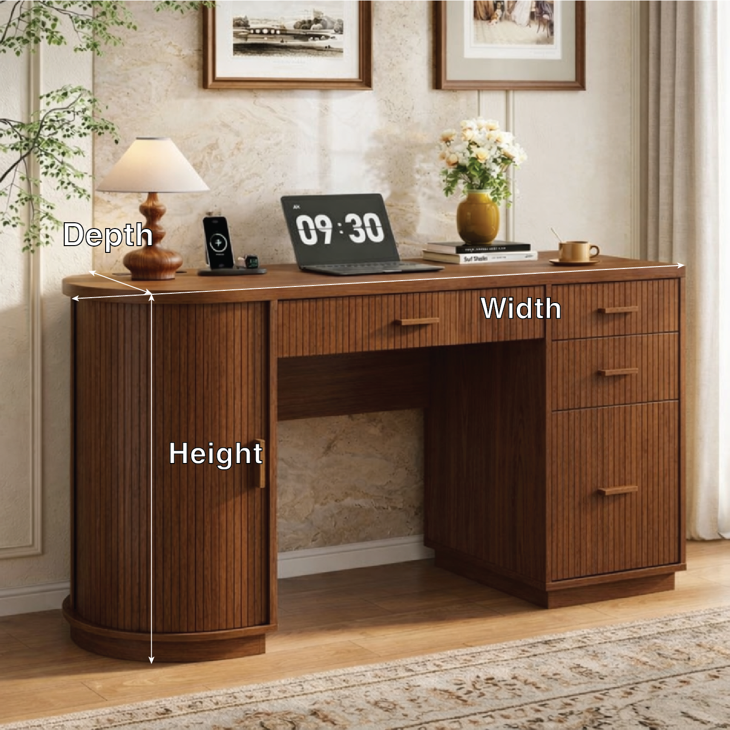 Modern Fluted Executive Desk with Drawers, Curved Cabinet Home Office Writing Table