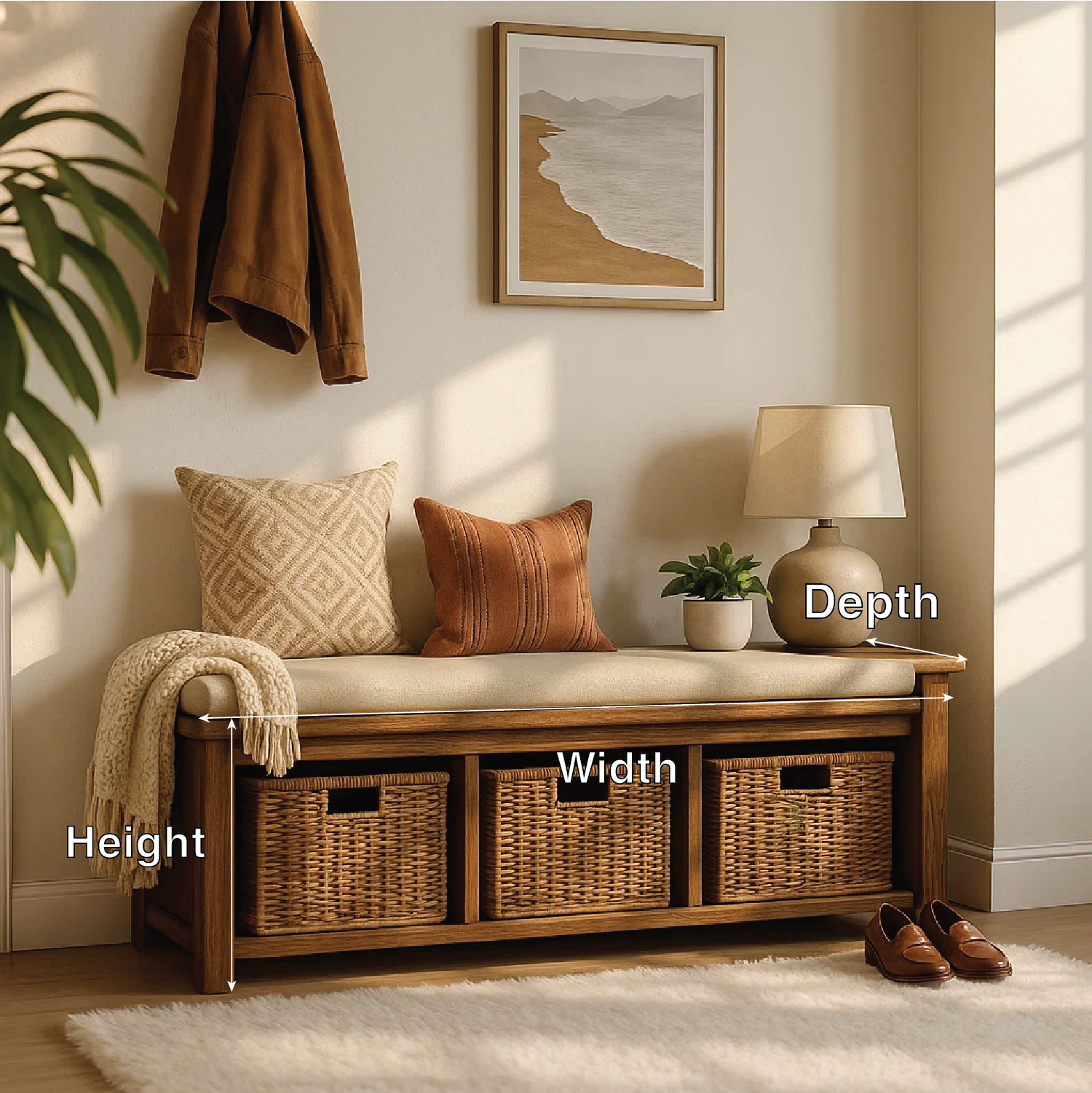 Solid Wood Entryway Bench with Woven Basket Storage, Rustic Hallway Organizer