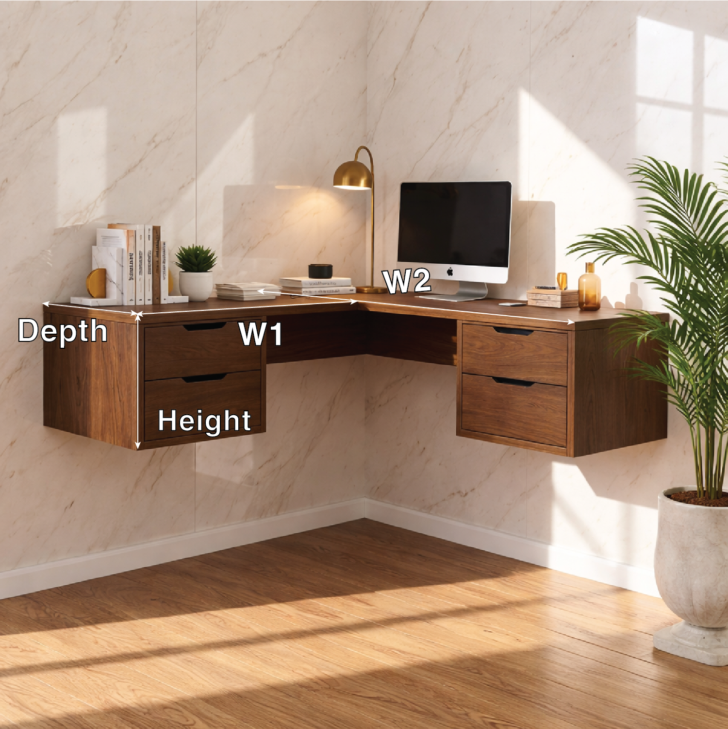 Floating Corner Desk with Drawers – Walnut Wall-Mounted Workspace