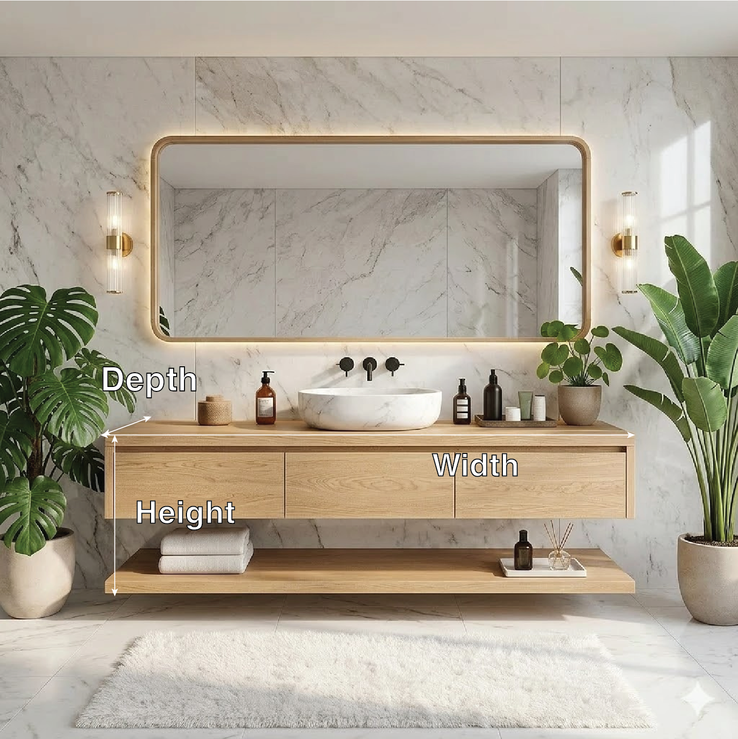 Modern Floating Vanity with Shelves, Oak Bathroom Storage Unit, Wall-Mounted Cabinet