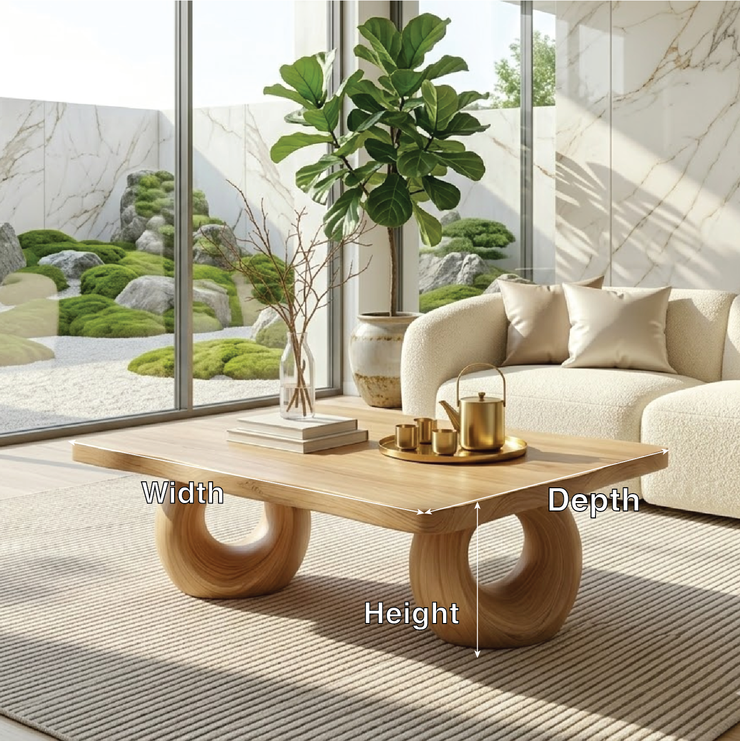Solid Wood Sculptural Coffee Table with Round Carved Base, Modern Designer Living Room Table