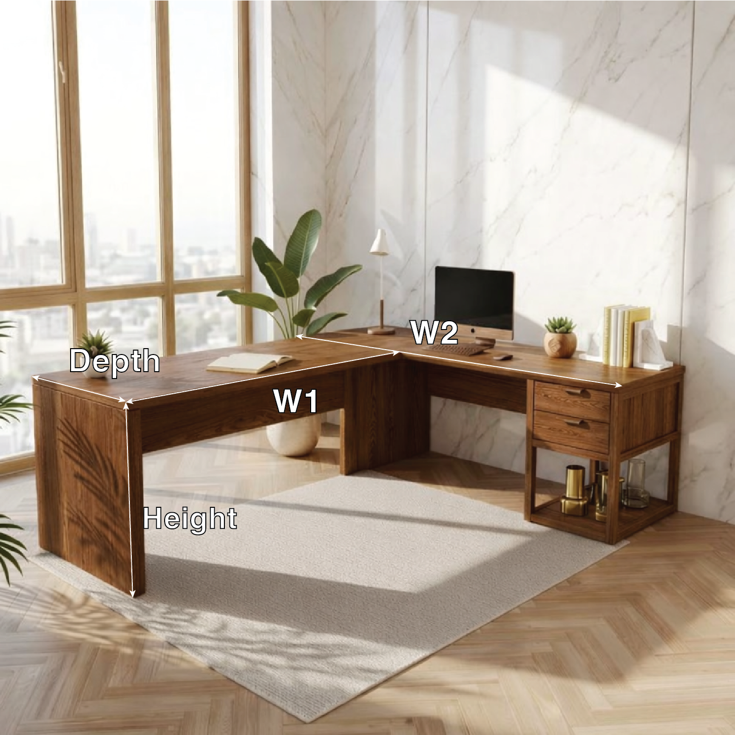 Modern L Shaped Desk with Drawers Home Office Corner Workstation Minimal Design Table