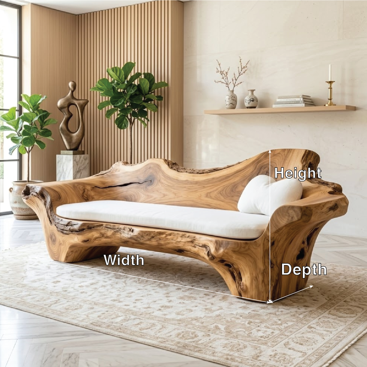Modern Organic Sculptural Wooden Sofa, Handmade Statement Couch with Cream Cushion