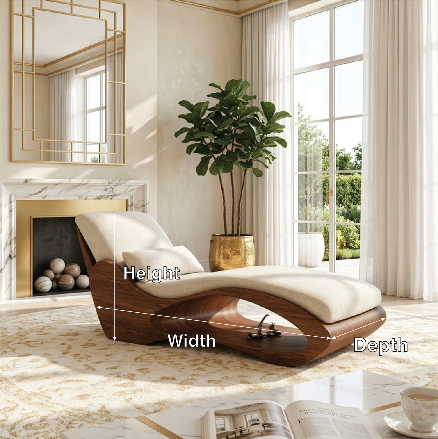 Modern Sculptural Chaise Lounge Chair, Curved Luxury Minimalist Accent Furniture