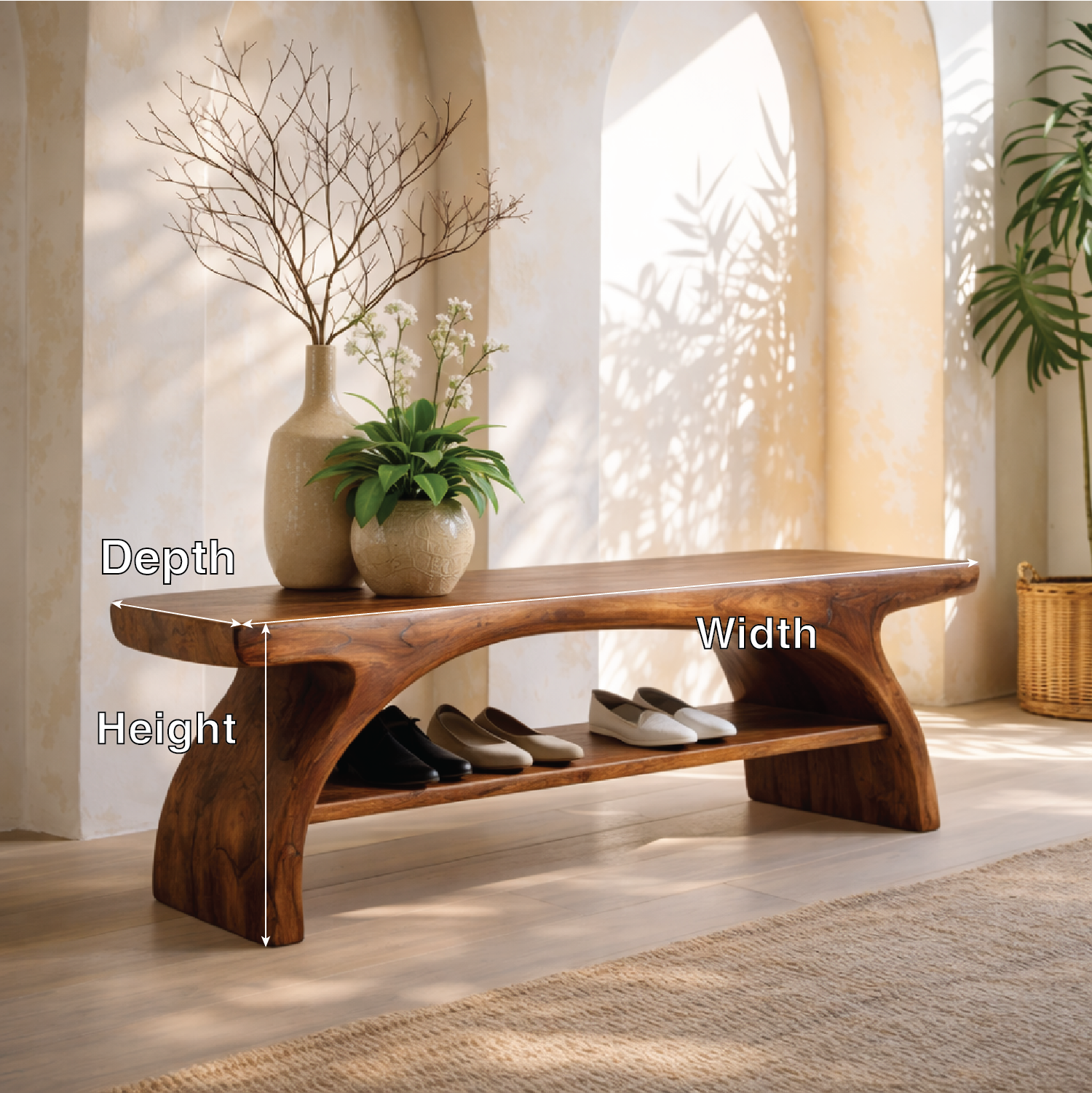 Sculptural Solid Wood Entryway Bench with Open Shoe Shelf