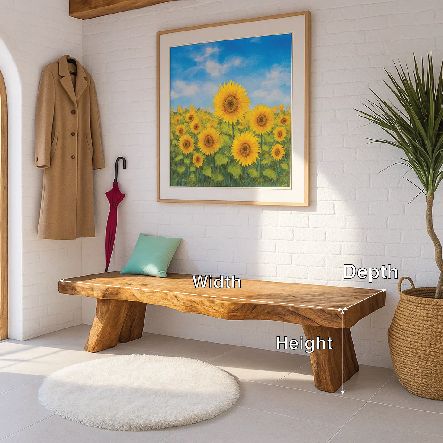 Solid Wood Entryway Bench with Sculptural Legs, Handmade Rustic Hallway Seat