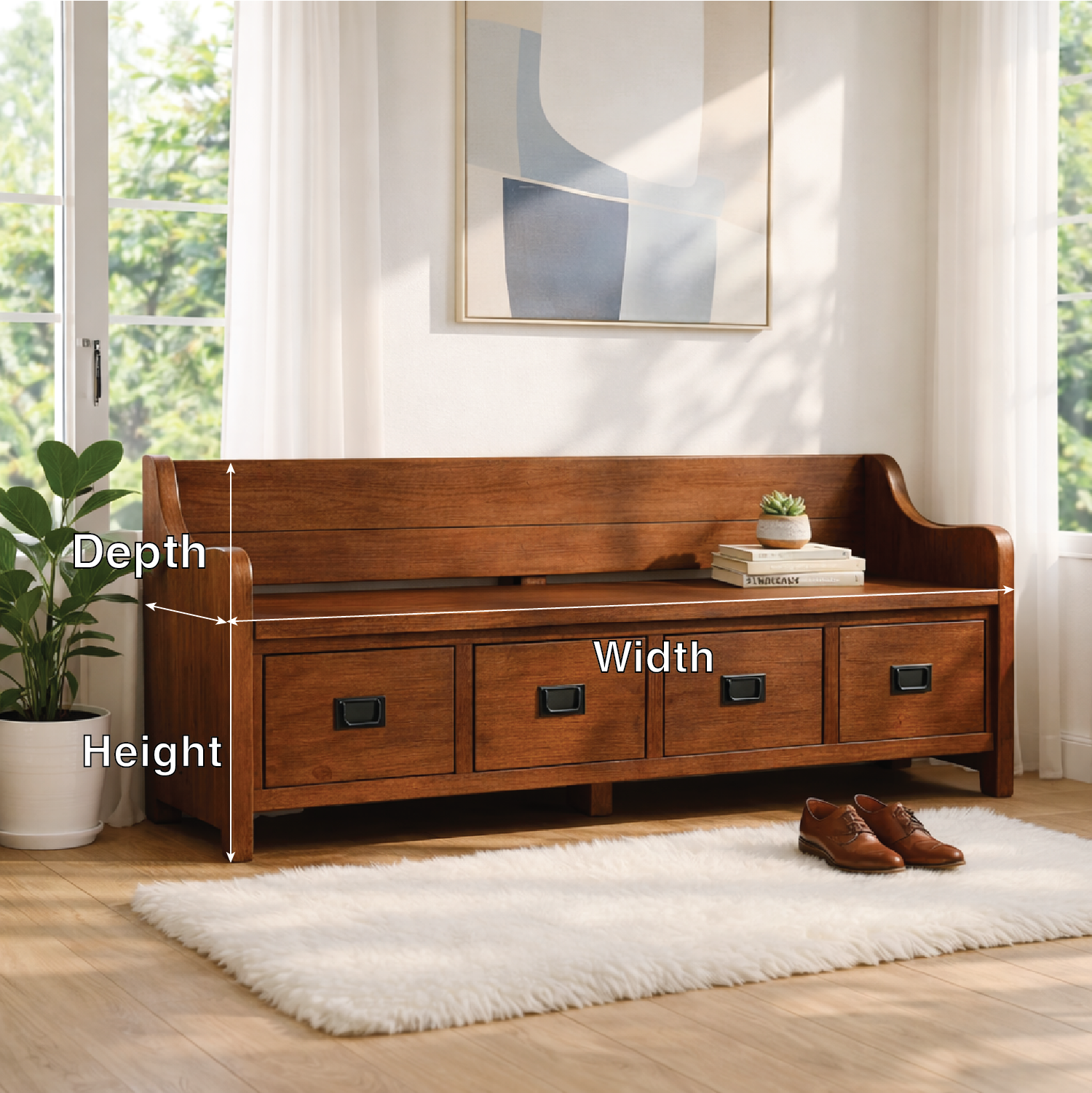 Solid Wood Storage Bench with Drawers, Entryway Hallway Seating Cabinet