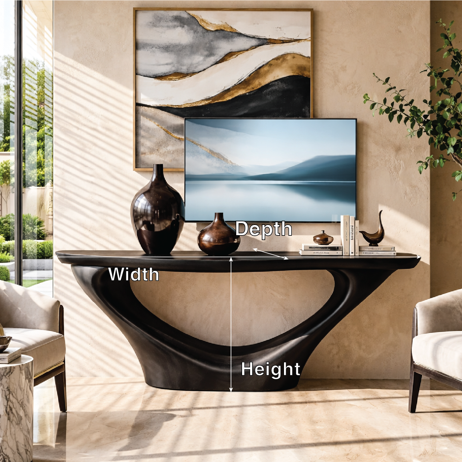 Solid Wood Console Table with Sculptural Curved Base, Modern Artistic Design