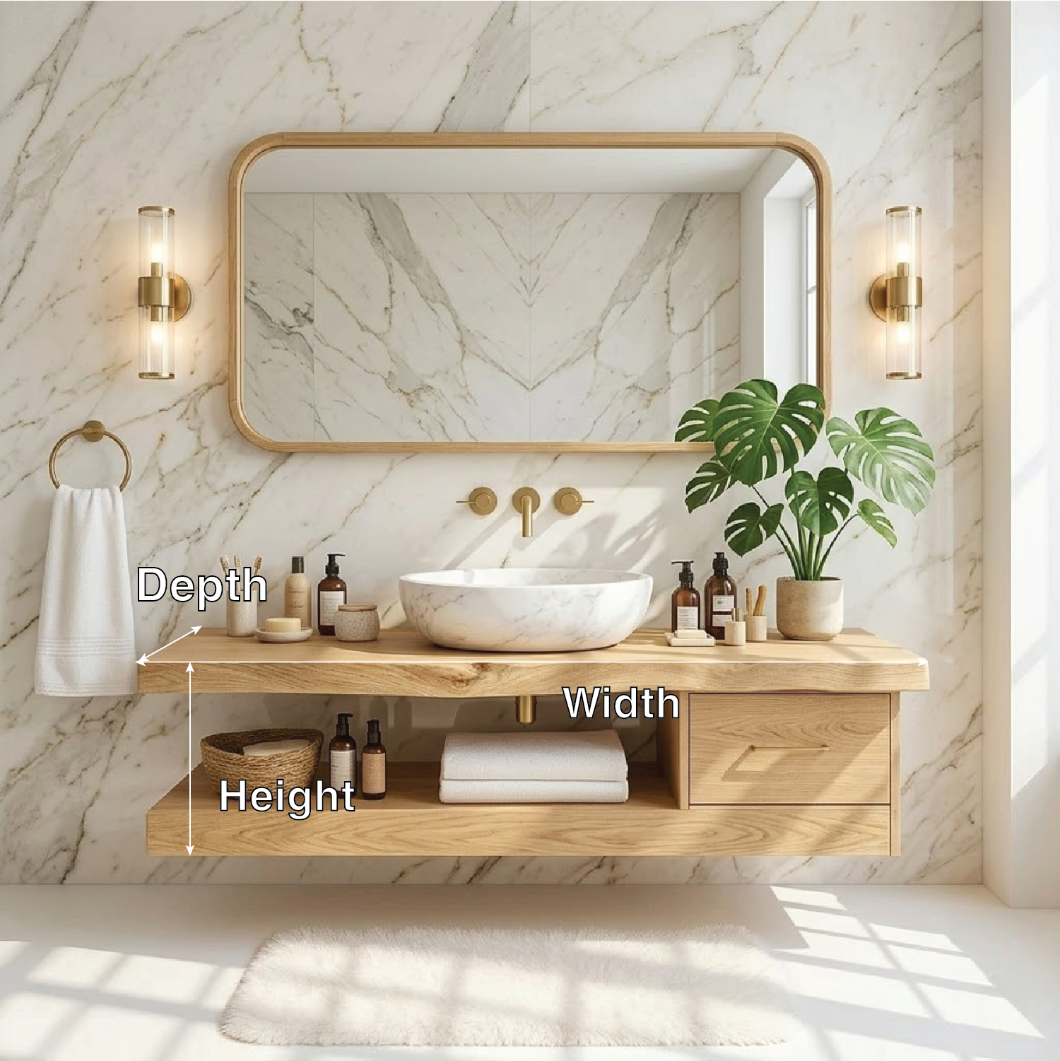 Floating Vanity with Natural Wood and Marble Sink, Modern Bathroom Design
