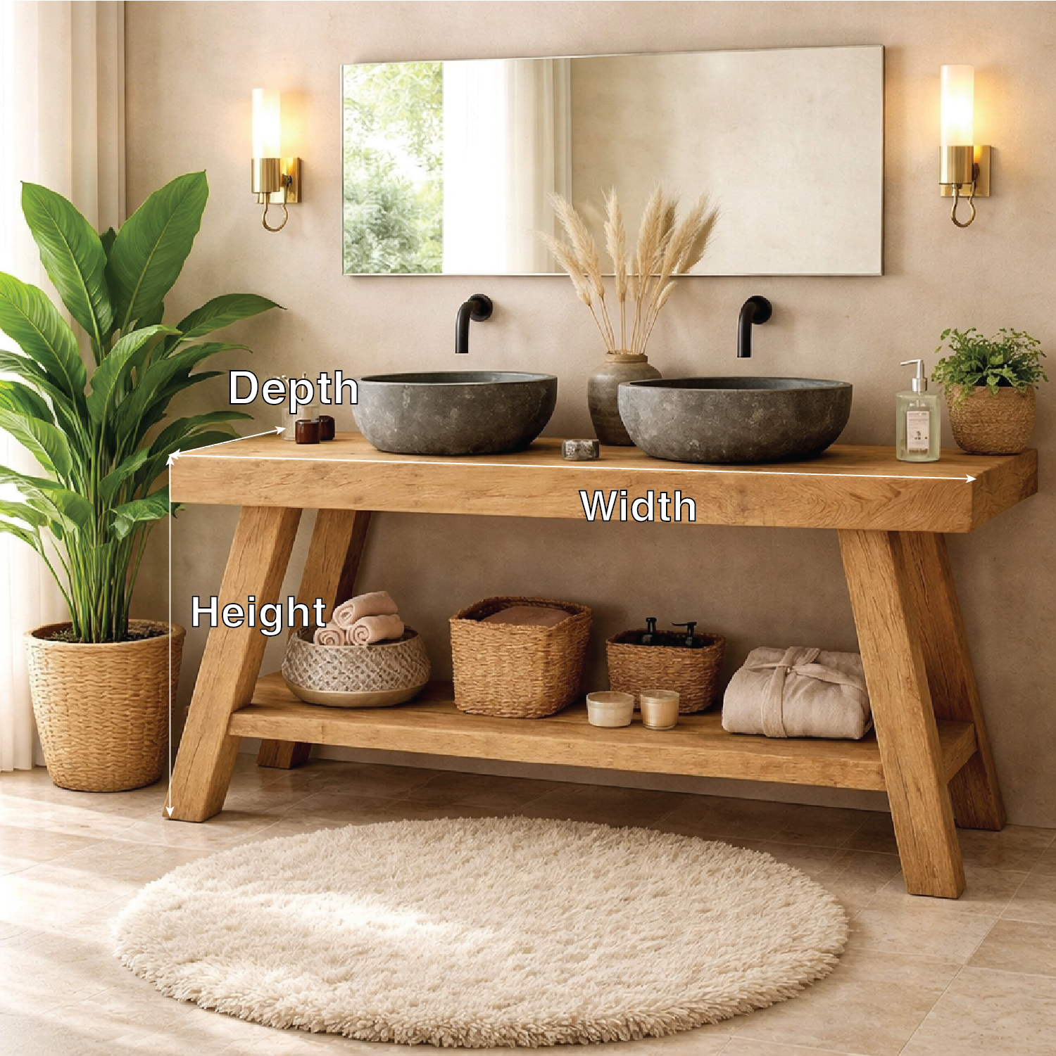 Rustic Double Sink Bathroom Vanity with Shelves Wooden Vanity Base