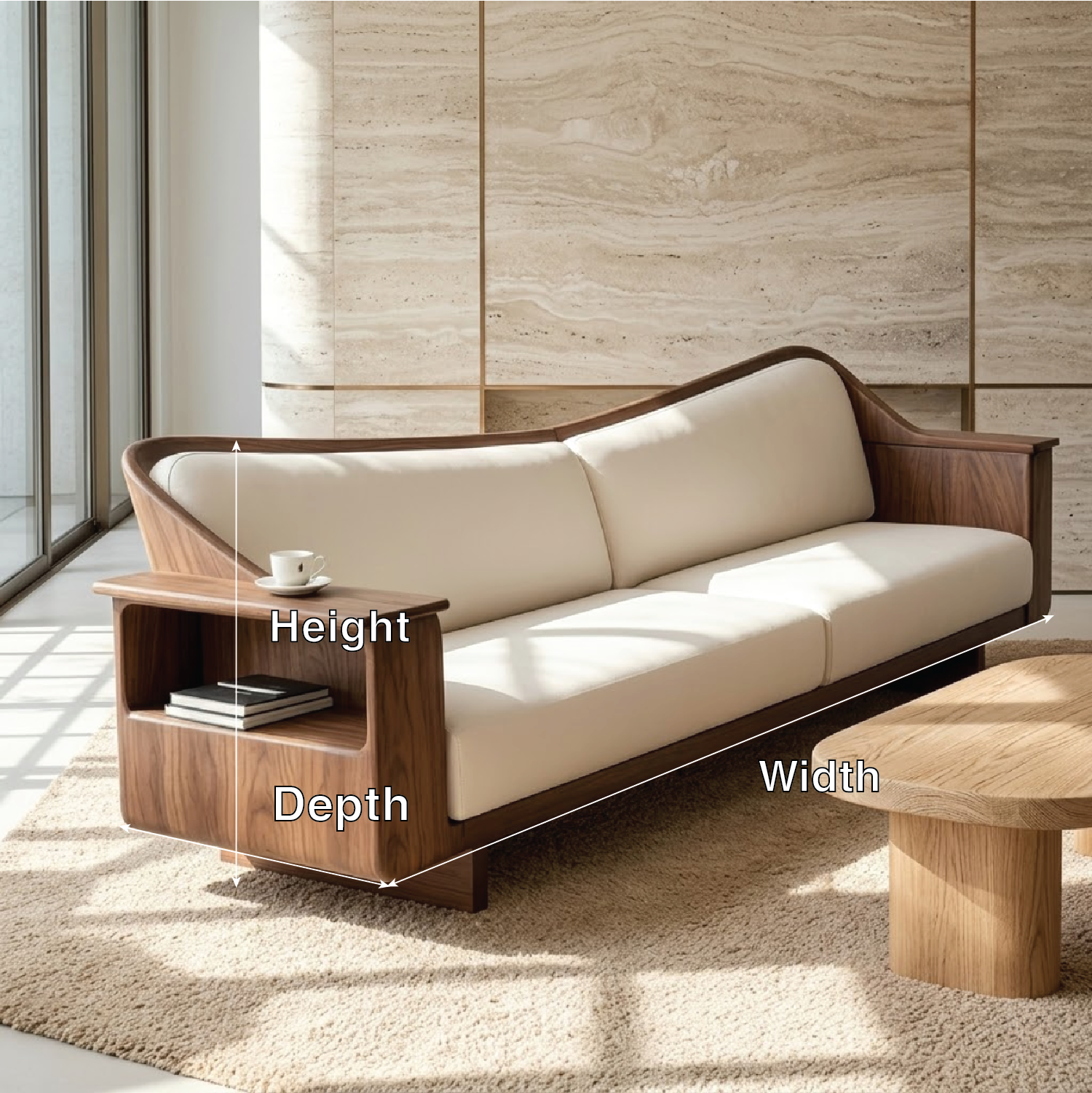 Modern Curved Solid Wood Sofa with Built-in Side Shelf White Leather Couch