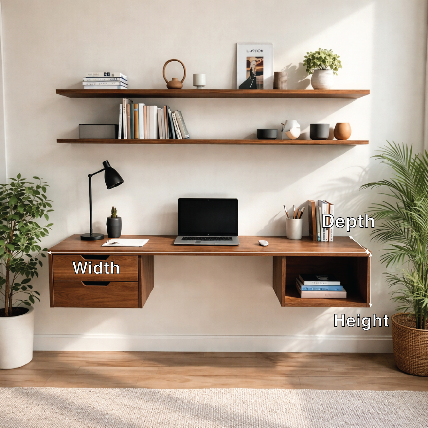 Floating Oak Desk with Shelf – Minimalist Wall Workspace