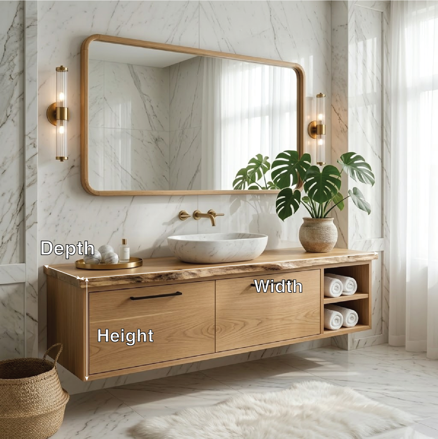Floating Vanity with Natural Walnut Wood, Modern Sink, and Open Shelf Storage