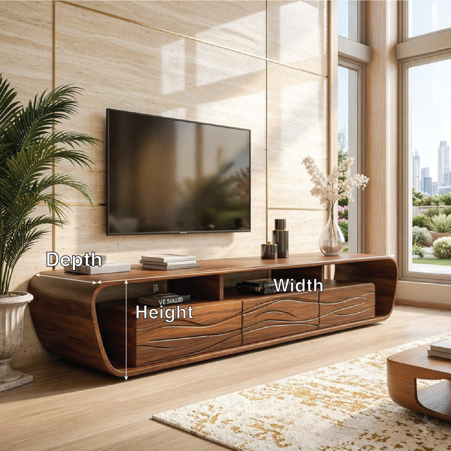 Modern Wave Front TV Console, Sculptural Entertainment Stand for Luxury Interiors