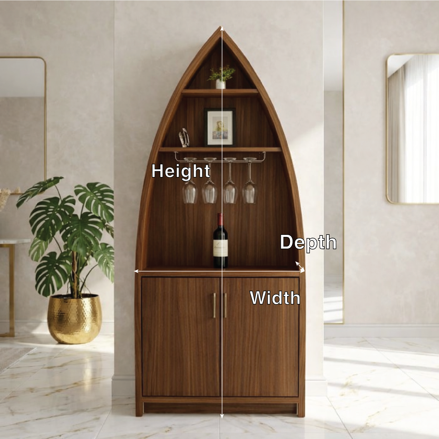 Modern Boat Shaped Bar Cabinet with Glass Rack and Concealed Storage