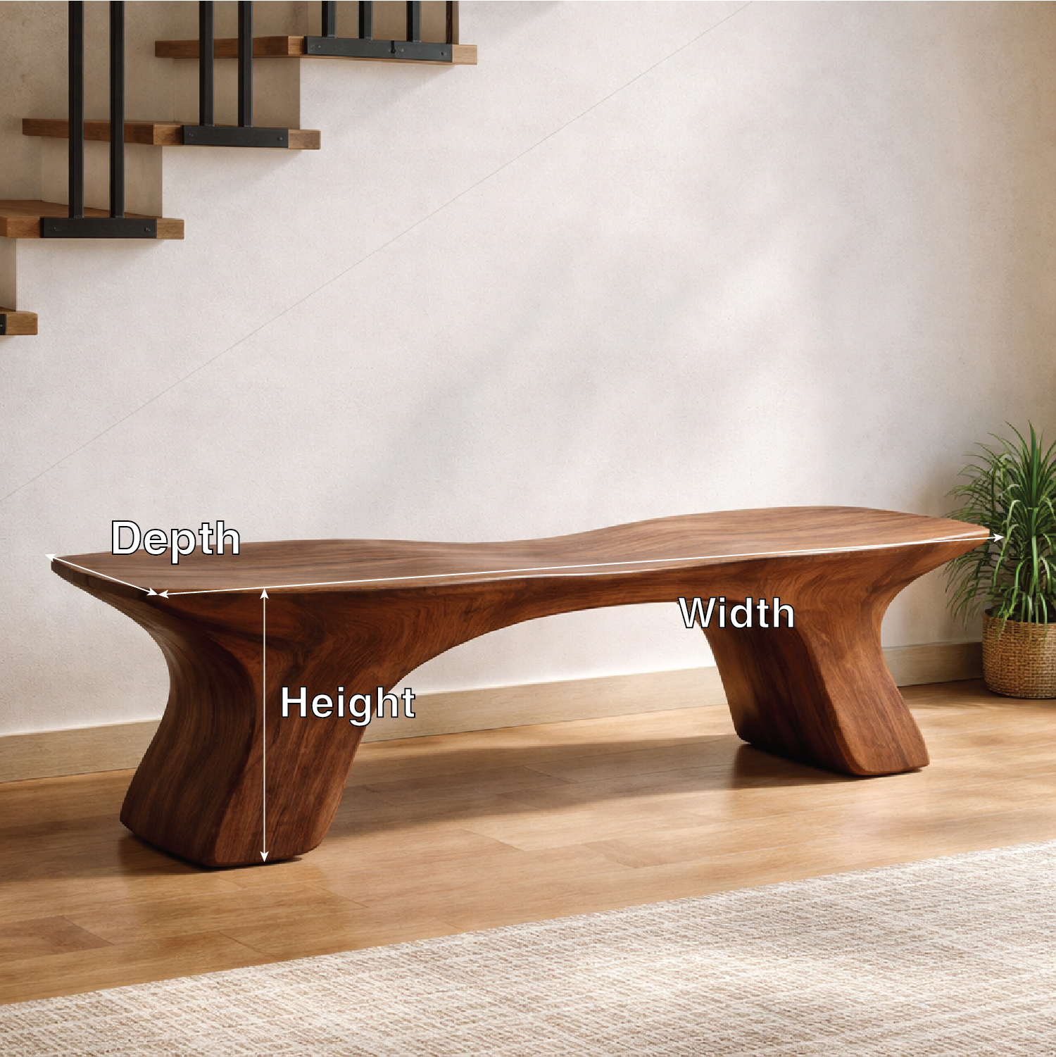 Sculptural Solid Wood Bench, Organic Modern Statement Seating