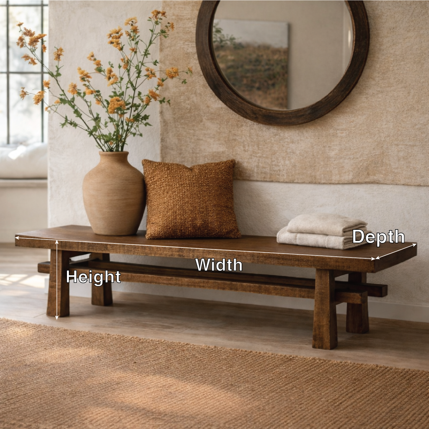 Rustic Solid Wood Entryway Bench, Farmhouse Hallway Seating